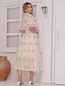 Women's Fashion Midi Dress In 3D Laise Fabric With Elastex On The Back And Button On The Front And Lining - 查看 4