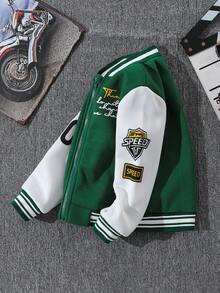 2-5岁男童棒球夹克，2025秋冬新款字母印花长袖休闲酷绿色飞行员外套