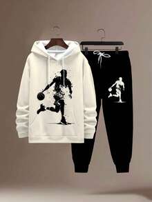 Set de 2 piezas Sudadera con capucha con estampado de silueta de jugador de baloncesto de talla grande para hombre, estilo deportivo casual de calle para primavera - Albaricoque - Ver 2