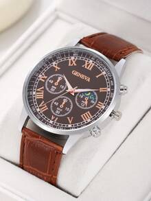 男士时尚休闲商务皮带和石英表套装 - 棕色 - 查看 7