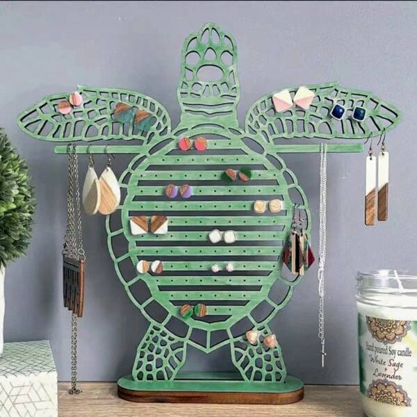 1 قطعة منظم خشبي لعرض المجوهرات بشكل سلحفاة بحرية، مناسب لعرض القلائد والأساور والأقراط، هدية تخزين مجوهرات معلقة عصرية، صندوق مجوهرات خشبي بلون أزرق فاتح مزين بشكل سلحفاة