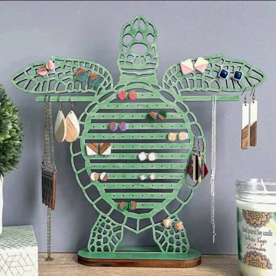 1 قطعة منظم خشبي لعرض المجوهرات بشكل سلحفاة بحرية، مناسب لعرض القلائد والأساور والأقراط، هدية تخزين مجوهرات معلقة عصرية، صندوق مجوهرات خشبي بلون أزرق فاتح مزين بشكل سلحفاة