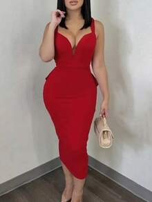 Vestido elegante cola de sirena escote abierto amng tirante grueso vestido largo fiesta lindo - Rojo - Ver 2