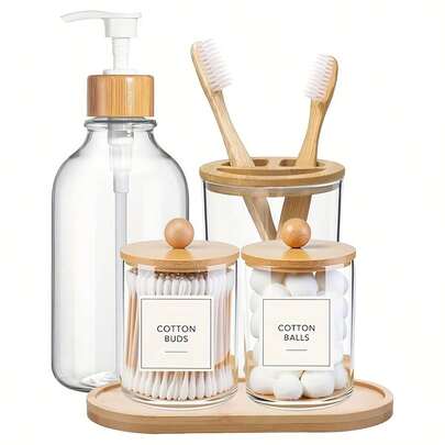 5 Packs Bamboo Bathroom Accessories Set With Tray - Plastic Soap Dispenser Clear Toothbrush Holder And 2 Qtip Holder Cotton Ball Container Jar