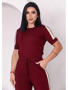 Women's Basic Pants And Blouse Set With Stripes On The Side - 紅木色 - 查看 3