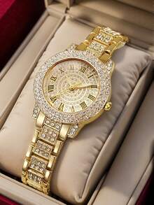 5pcs Ladies Watch Gift Box Set, Gold Roman Steel Bracelet Watch + Square Ring Set, Daily Casual And Versatile, Suitable As A Ladies' Holiday Gift - Gold - View 3