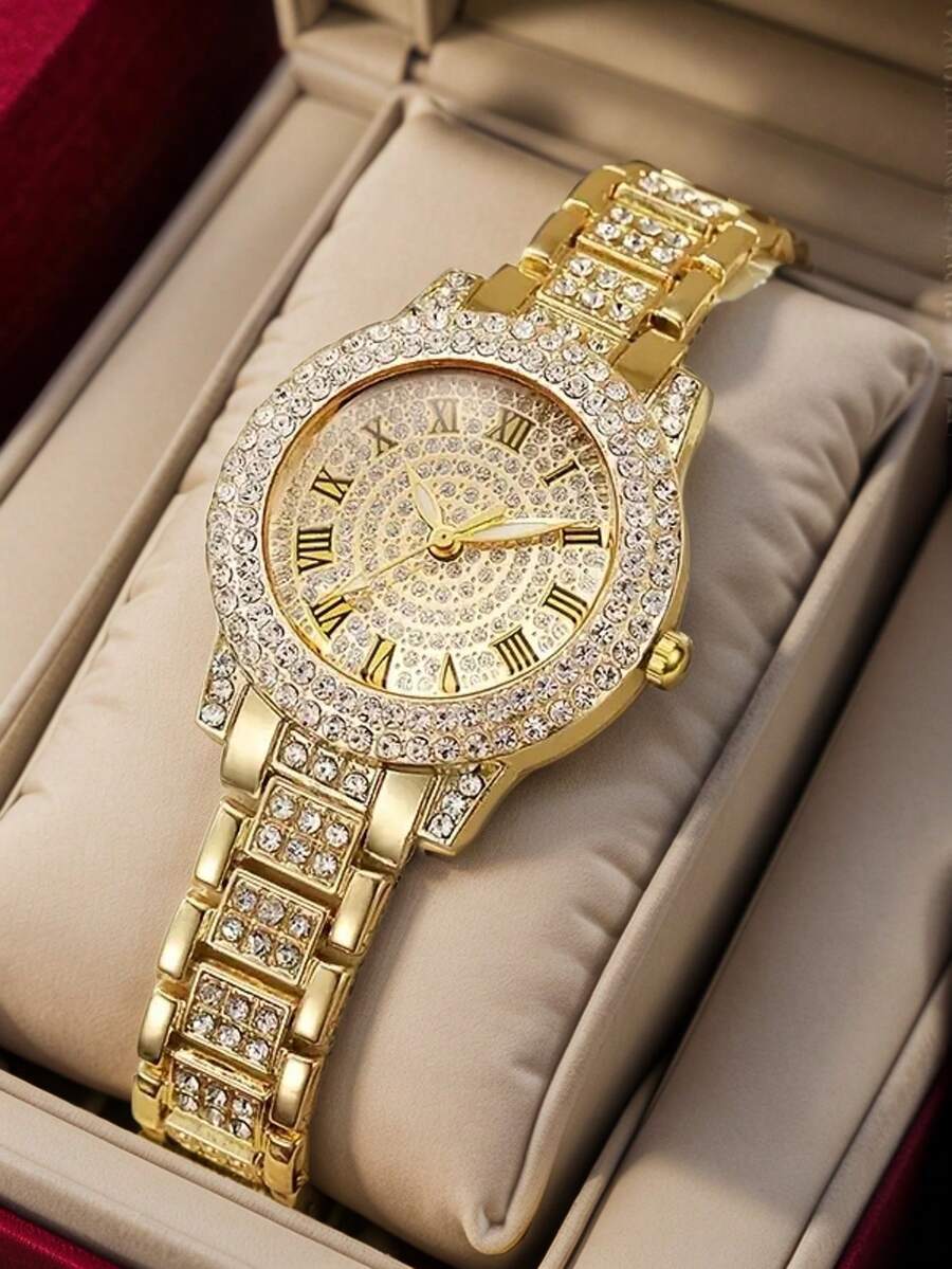 Set cadou cu 5 ceasuri de damă, brățară din oțel roman auriu + set de inele pătrate, purtare zilnică casual și versatilă, potrivită ca și cadou de sărbători pentru femei - imagine 3