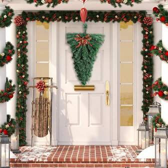 1件装人造绿色圣诞泪滴形门饰 DIY圣诞花环花环松枝装饰，适用于节日冬季墙壁、前门、壁炉架、室内外装饰（绿色，18英寸圣诞装饰家居圣诞礼物圣诞装饰）