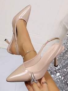 女士高跟鞋，春季新款尖头高跟鞋，性感细高跟镜面漆皮绑带凉鞋，二合一鞋款，高跟鞋，时尚杏色凉鞋 - 杏色 - 查看 6