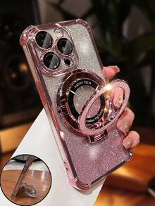 奢华电镀透明手机壳，带指环支架和磁吸支架，防震，镶钻闪亮，Y2K风格，时尚硅胶软壳保护套，兼容 16/16E/15/14/13/12/11/X/XS/XR/8/7 Plus/Pro/Max/Mini、Galaxy S24/S25 Ultra、小米Redmi、荣耀、OPPO Reno、MOTO Infinix Women 2025等机型。 - 粉色 - 查看 3