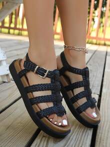 Minimalist Chic Flat Slippers, Fashionable Strap Casual Beach Sandals - Black - View 5