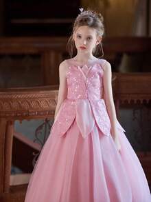 Girls' Pink Princess Dress, Puffy Tulle Party Dress - Pink - View 7
