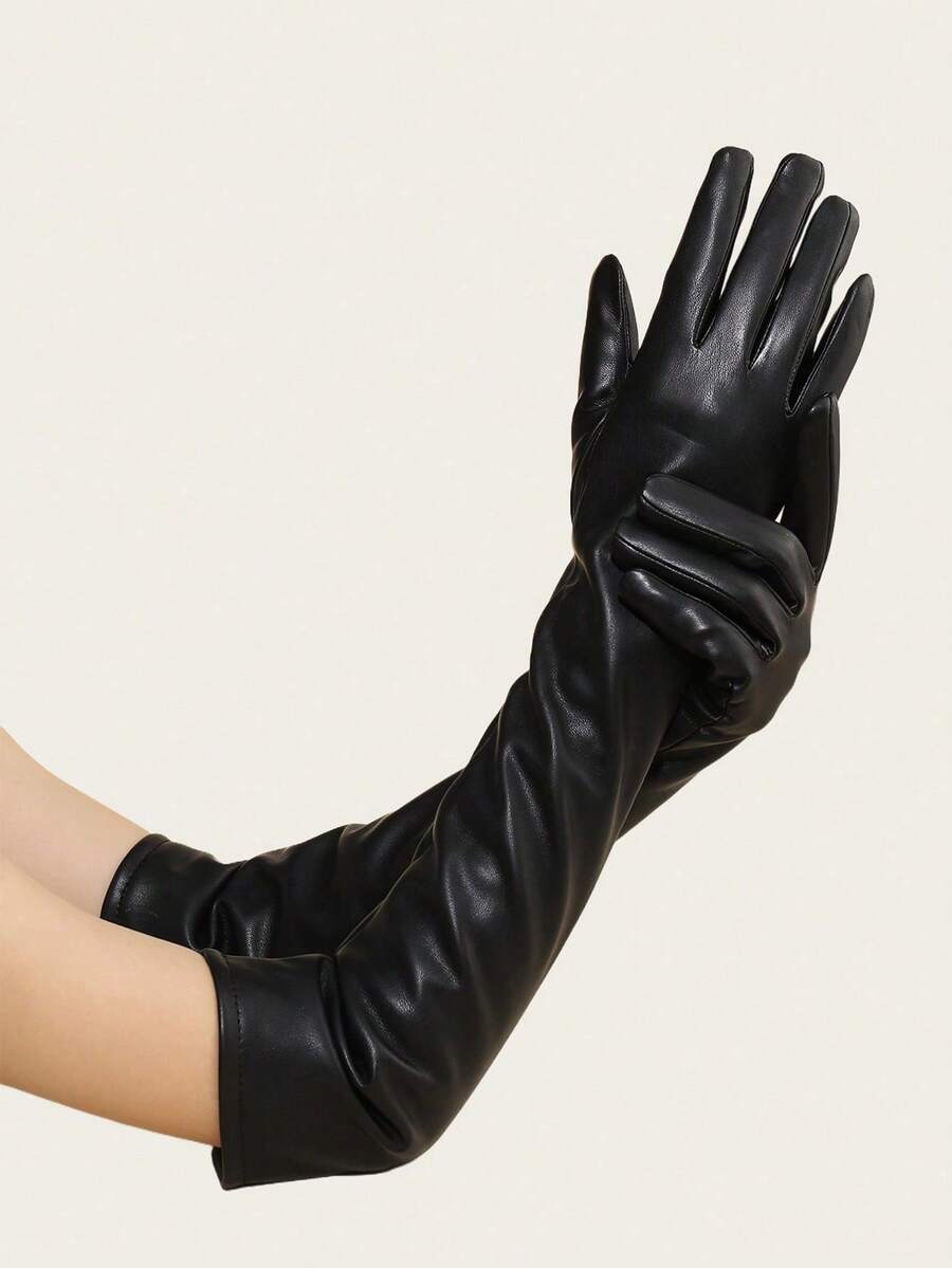 1 Pair Black PU Leather Long Gloves, Suitable For Halloween Costume, Punk COS, Bridal, Stage Performance, Elegant - 黑色 - 查看 1