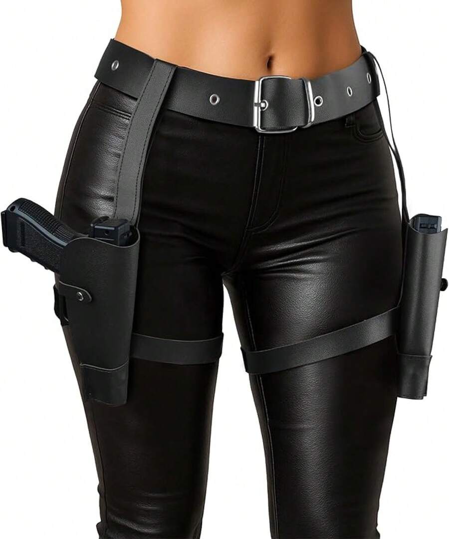 Thigh Holster Women, Adjustable PU Leather Leg Holster And Belt Gun Holster Halloween Cosplay Policewoman Costume - màu đen - Xem 1