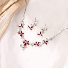 Crysdue Flower Leaf Wedding Jewelry Set Bridal Bridemaid, Cubic Zirconia Teardrop Elegant Silver/14K/Gold Plated Vine Necklace Dangle Earrings Prom Party - A_Đỏ - Xem 5