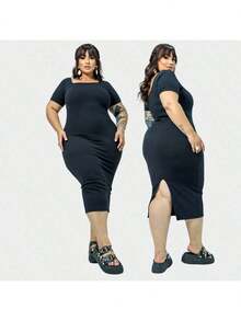 Plus Size Midi Dress With Fitted Waist And Short Sleeves - 黑色 - 查看 4