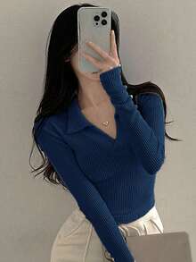 Camiseta De Punto De Costilla De Color Sólido Para Mujer - Azul - Ver 5