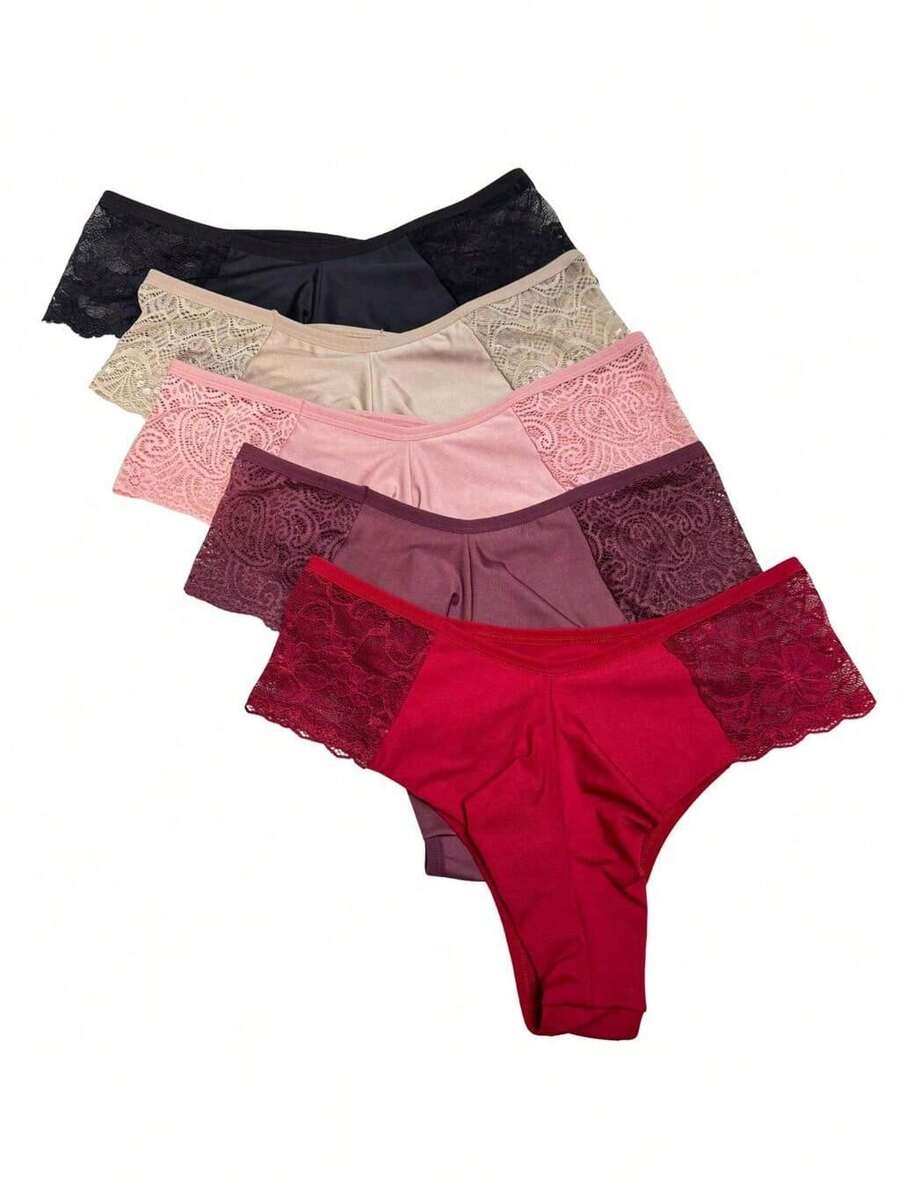 Plus Size Microfiber Double String Panty KIT Wide Side Thong High Waist With Lace - 彩色 - 查看 1