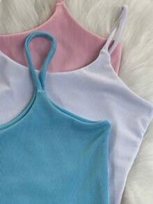 Kit 3 Women's Suplex Ribbed Tank Top With Thin Straps, Ribbed Blouse, Summer Stylish, Fashion Blogger Colors, Summer - 藍色/白色/粉紅色 - 查看 5