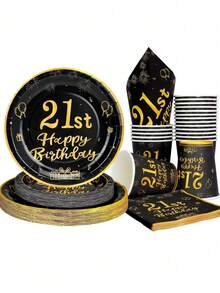 10pcs/50pcs/80pcs 21st Birthday Party Supplies Black And Golden 21st Years Old Party Paper Plates Dinner Plates Dessert Plates Cups Napkins Dinnerware Cheers To 21 Years Decorations Tablecloth Set Tableware Kit For Man Women Him Her Retirement Anniversasry Birthday Party Favors - 21 Years Old - View 1