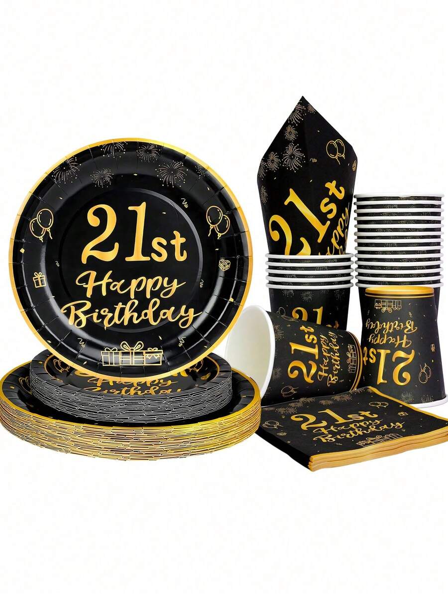 10pcs/50pcs/80pcs 21st Birthday Party Supplies Black And Golden 21st Years Old Party Paper Plates Dinner Plates Dessert Plates Cups Napkins Dinnerware Cheers To 21 Years Decorations Tablecloth Set Tableware Kit For Man Women Him Her Retirement Anniversasry Birthday Party Favors - 21 Years Old - View 1