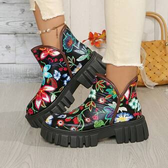 Nuevas botas de tobillo con suela gruesa y estampado para mujer, con diseño floral de punta redonda para otoño/invierno, diseño estampado de moda, cómodas para uso diario