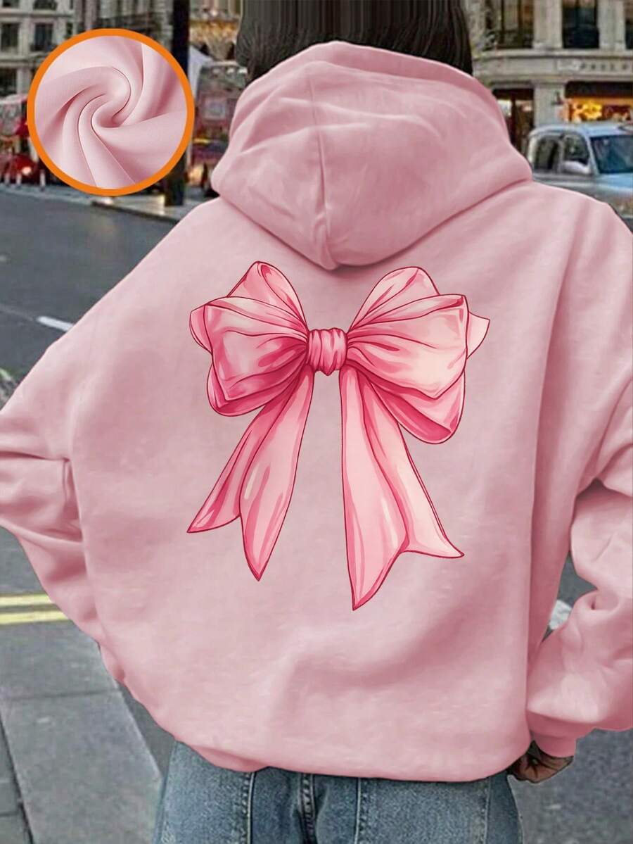 1件少女休闲印花套头卫衣,保暖内衬,长袖,秋冬季 - 粉色 - 查看 1