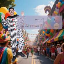 Disfraz de payaso mono negro y blanco para Halloween, elementos de puntos y rayas para juego de roles de terror