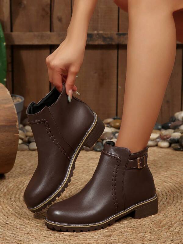 Western Style Back Zipper Holiday Autumn/Winter Short Boots For Women, Vintage Marking Line Boots, Casual Buckle Decor