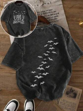 女式夏季万圣节复古鬼屋图案印花圆领短袖简约休闲日常黑色大码水洗T恤上衣