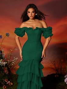 VIPGIRL 女士露肩网纱高开衩多层荷叶边长款晚礼服 - 墨綠色 - 查看 8