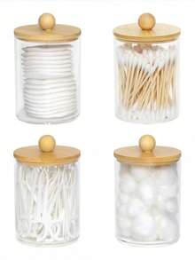4pcs Qtip Dispenser Holder - 10 Oz Storage Box With Bamboo Lid, Bathroom Accessory Set, Suitable For Cleaning Ball, Round Pads, Panty Liners, Dental Floss Home Bathroom Decor Bathroom Organizer Fall Decor Makeup Organizer Back To School - Wood Color - View 1