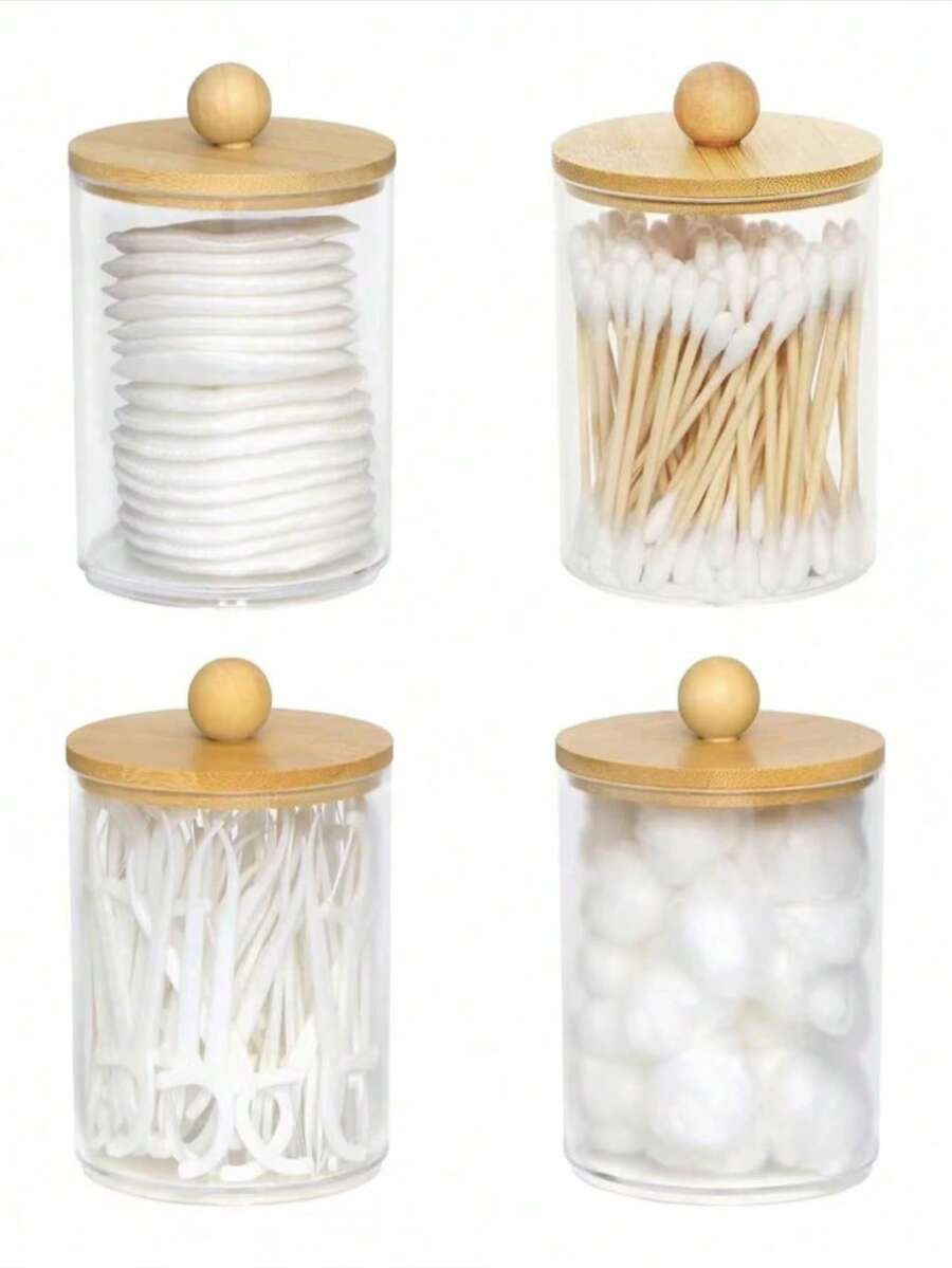 4pcs Qtip Dispenser Holder - 10 Oz Storage Box With Bamboo Lid, Bathroom Accessory Set, Suitable For Cleaning Ball, Round Pads, Panty Liners, Dental Floss Home Bathroom Decor Bathroom Organizer Fall Decor Makeup Organizer Back To School - Wood Color - View 1