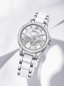 GUANQIN 1 szt. Wodoodporny zegarek ze świecącymi elementami z motywem LOVE, tarczą z kryształkami, odporny na zużycie, ze stali nierdzewnej, ceramicznym paskiem, modnym, biznesowym, luksusowym, sportowym, klasycznym, prostym i swobodnym, mechanicznym stylem, automatycznym zegarkiem kwarcowym, odpowiednim na Halloween, Boże Narodzenie, dla studentów, na festiwale, randki, do pracy, na co dzień, na prezenty