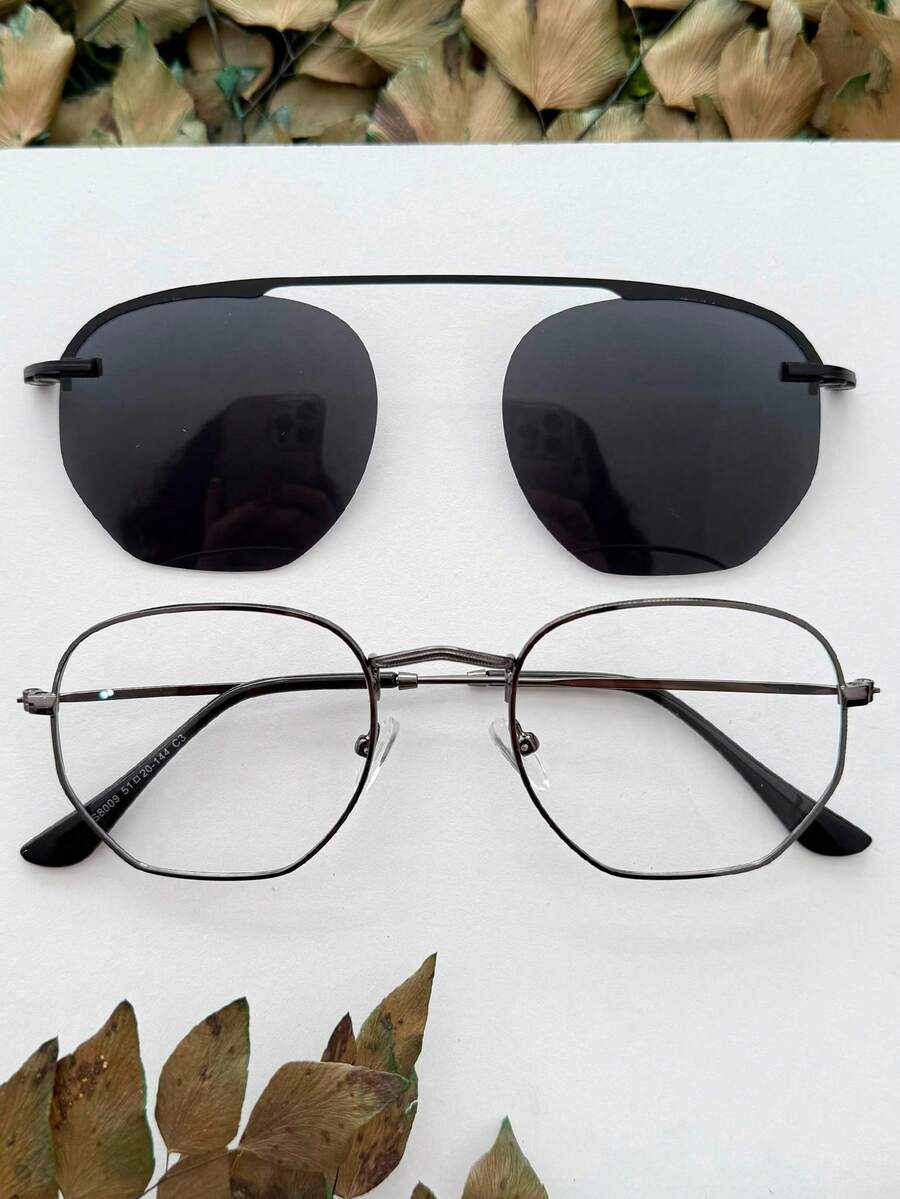 ILOOK Women's 2 In 1 Hexagonal Magnetic Metal Clip On Eyeglasses Frame - Màu xám đen - Xem 1