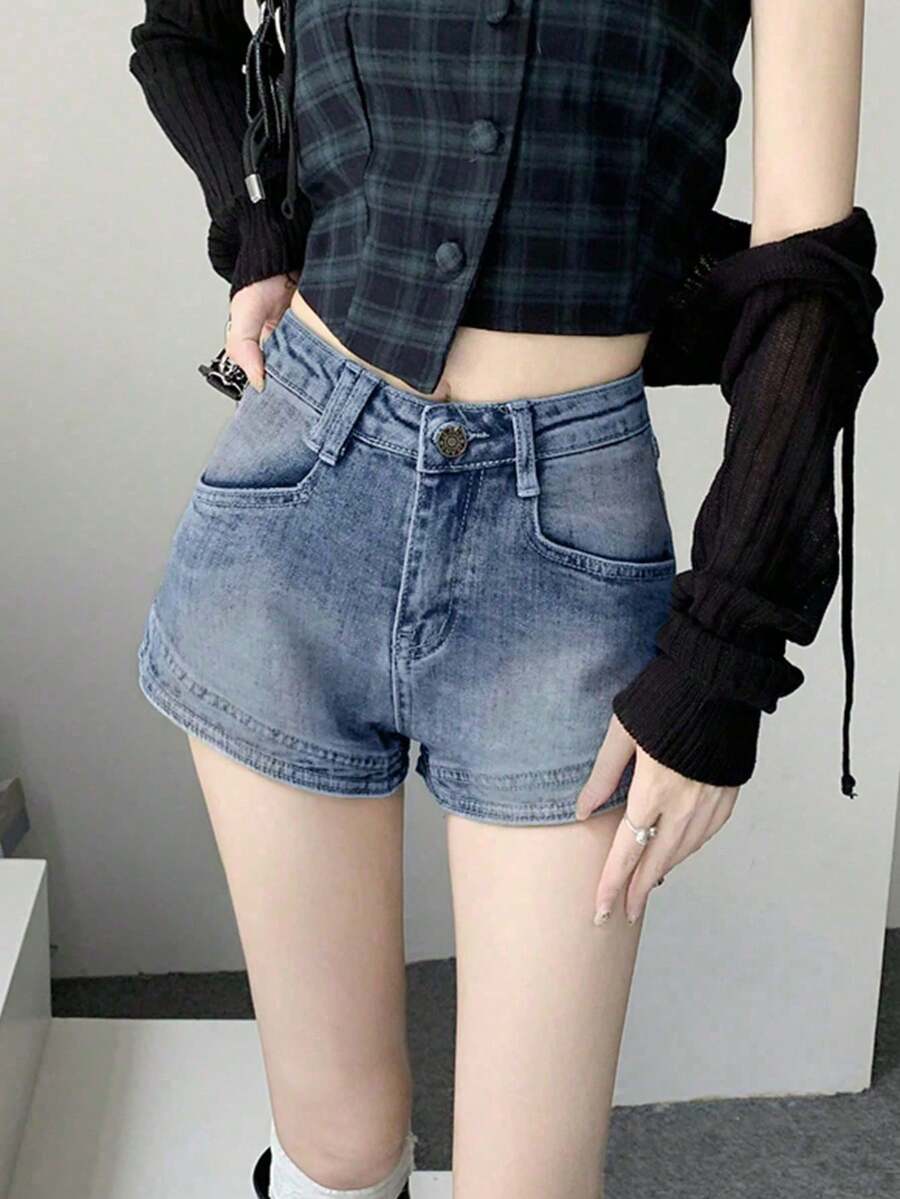 Y2K Solid Color Pocket Casual Versatile Straight Leg Denim Shorts Summer - Light Wash - View 1