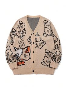 Men's Loose Casual Cute Patchwork Kitten Jacquard V-Neck Button Long Sleeve Drop Shoulder Cardigan Sweater Jacket, Autumn/Winter - Brown - View 6