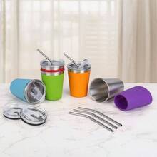 - Vasos para nios con tapas y popotes, paquete de 5 tazas actualizadas de acero inoxidable irrompibles de 12 onzas, a prueba de derrames con manga colorida, taza reutilizable para adultos y - Pajita de metal -rojo/azul/verde/naranja/morado - Ver 8