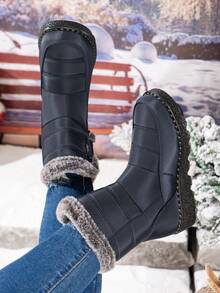 女士户外雪地靴，保暖内衬，厚底，中筒，圆头，平跟，加大码 36-45，防水防滑，高帮，防寒，中年靴，黑色 - 藍色 - 查看 5