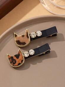2pcs/Set Cute Brown Cat Ear Shaped Crystal Decor Hair Clips, Suitable For Daily Wear, Festivals, Dates, Gifts, Looks Of Party