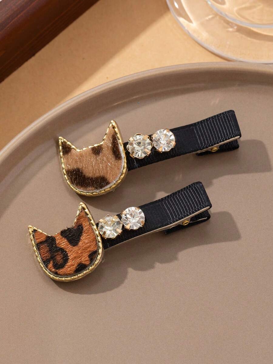 2pcs/Set Cute Brown Cat Ear Shaped Crystal Decor Hair Clips, Suitable For Daily Wear, Festivals, Dates, Gifts, Looks Of Party