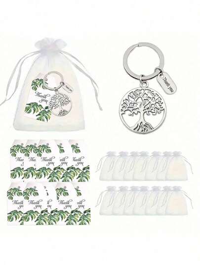 Conjunto de chaveiros Life Tree com 60 peças/20 conjuntos, inclui 20 cartões de agradecimento com folhas verdes, 20 saquinhos de organza branca e 20 chaveiros de metal vazados, para formatura, Ação de Graças, Dia dos Professores, festa, recompensa de equipe, incentivo, brinde de aniversário de Natal