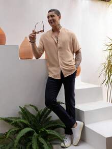 Men's Short Sleeve Shirt With Priest Collar Premium Quality Light And Fresh Fabric Easy To Iron - 香檳色 - 查看 5