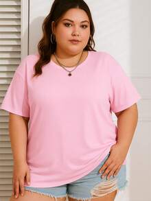 Women's Plus Size Plain Crew Neck T-Shirt,  And Oversized - 淺粉色 - 查看 2