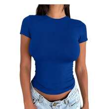 Women's Ribbed Crew Neck Short Sleeve Crop Top, High Stretch Polyester Tank Top, Asymmetrical Hem, Slim Fit Casual T-Shirt - 黑色/藍色 - 查看 2