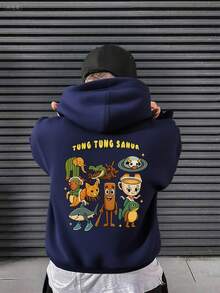 1pc Tween Boy Casual Printed Pullover Sweatshirt, Thermal Lined, Long Sleeve, Autumn/Winter - Navy Blue - View 7