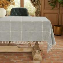 1pc Faux Linen Round Tablecloth, Dust-Proof & Wrinkle-Resistant Table Cover, Washable Tablecloth Suitable For Indoor & Outdoor, Farmhouse Decor, Picnic, Table Decoration, Khaki - Grey - View 21