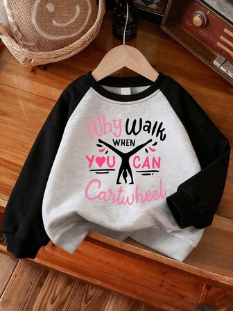 女童休闲卫衣，黑色和灰色相间，字母印花和倒置人像图案，圆领长袖；适合秋冬季节穿着。/适合年轻女孩/少女/青少年女孩