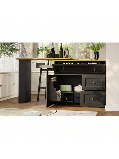 Extendable Bar Tafel Storage Space (138 204*39*105cm), Kitchen Cabinet, Sideboard Snack Shelf, Telescopic Table, High Bistro Isl Zwart view 4