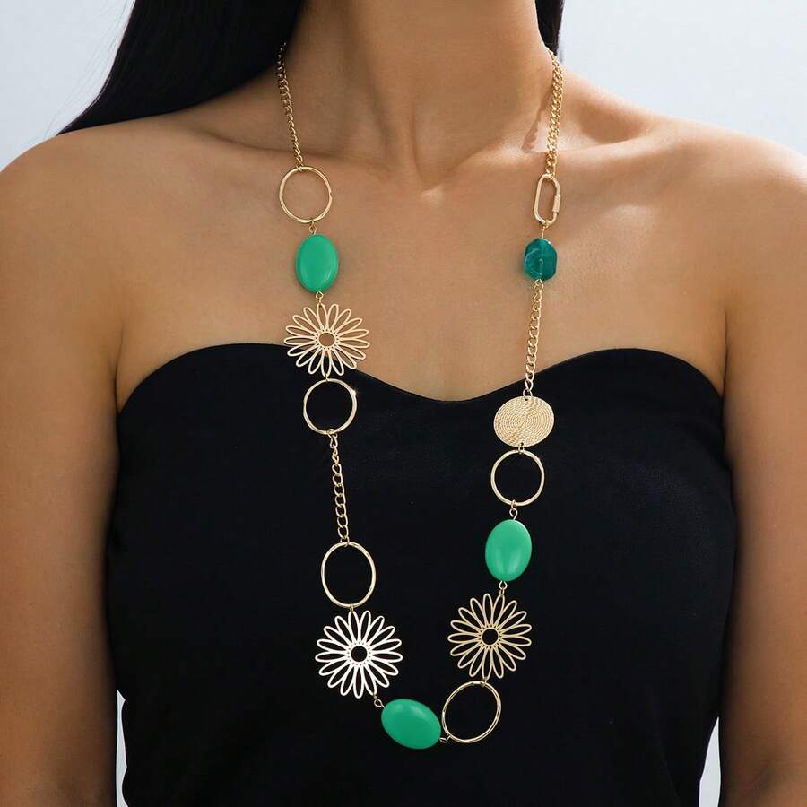 1 pieza Collar largo de mujer con flor hueca de resina colorida y estilo bohemio, accesorio y regalo